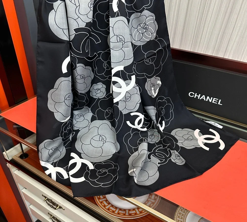 Chanel Camellia & CC Logo Silk Scarf (Black & Gray)